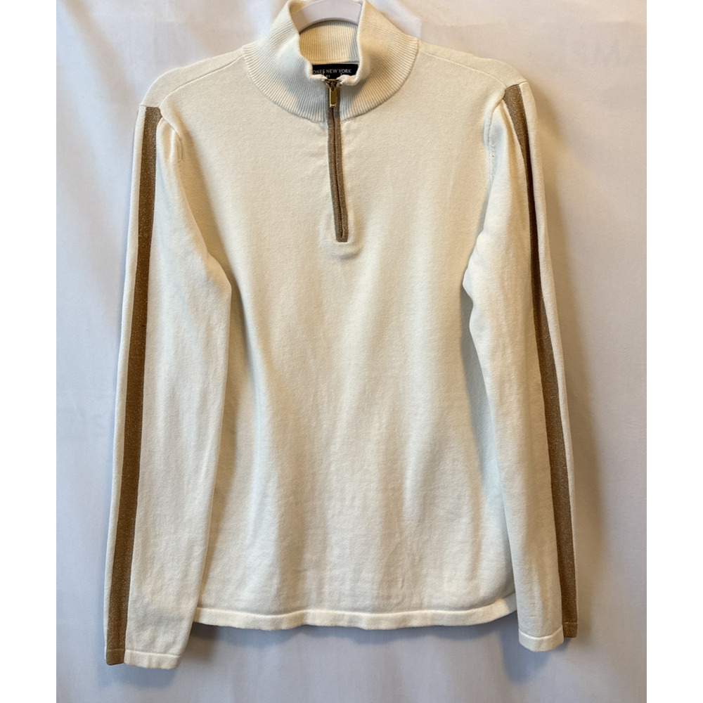 Jones New York Women's L Gold‎ Glitter Stripe 1/4 Zip Fitted Knit Pullover Chic